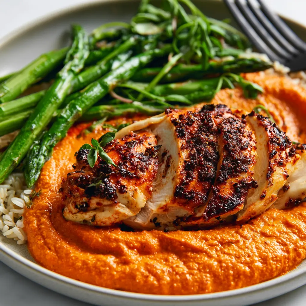 Air Fryer Chicken Romesco recipe, served and ready to eat, easy homemade dish