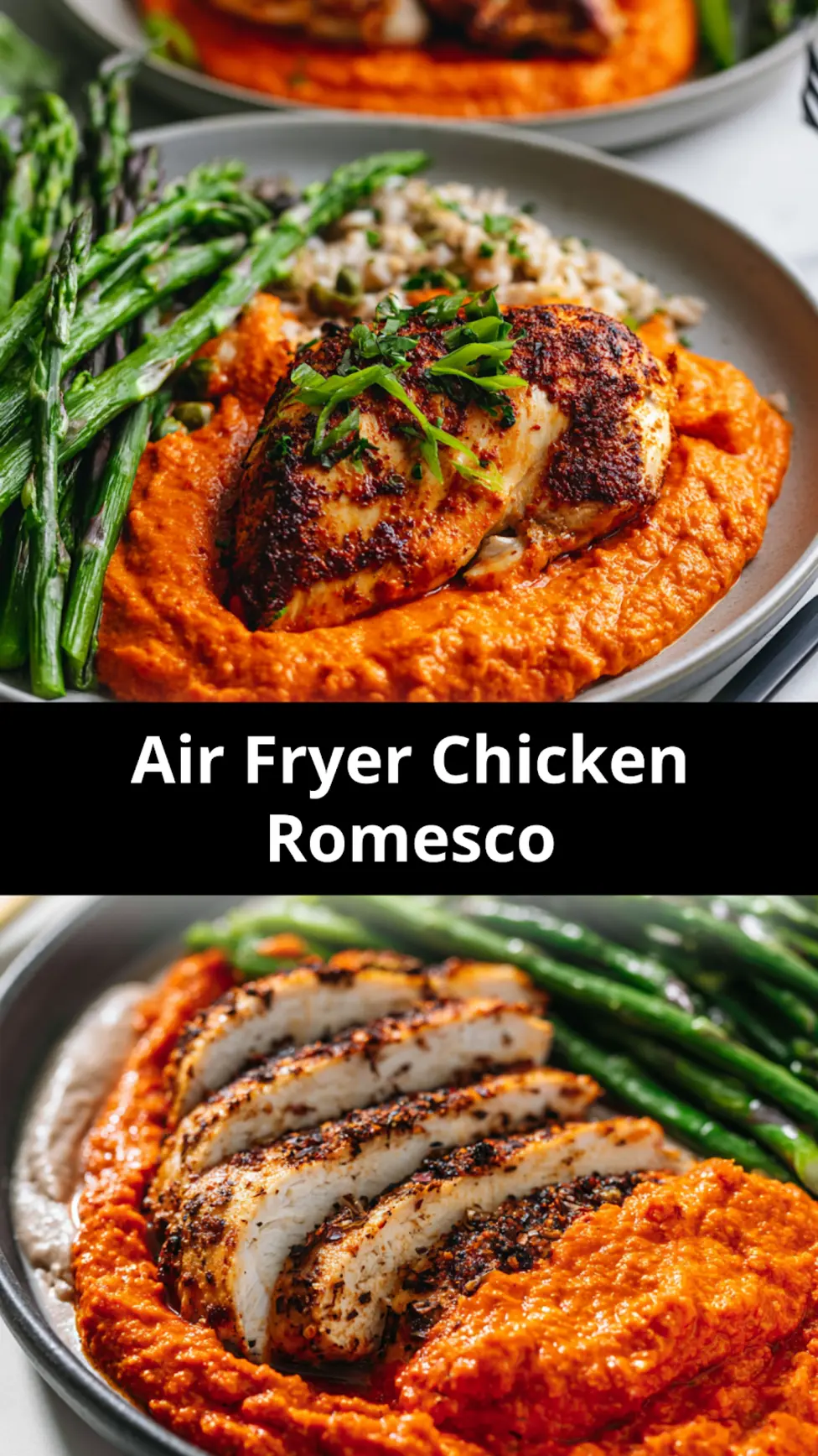 Air Fryer Chicken Romesco recipe, served and ready to eat, easy homemade dish