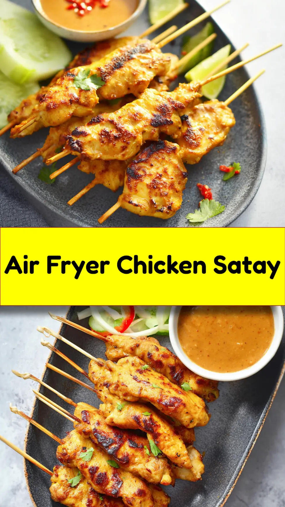 Air Fryer Chicken Satay This Irresistible New Way to Make It Great 7 Air Fryer Chicken Satay recipe pinnable image golden skewers served with peanut sauce