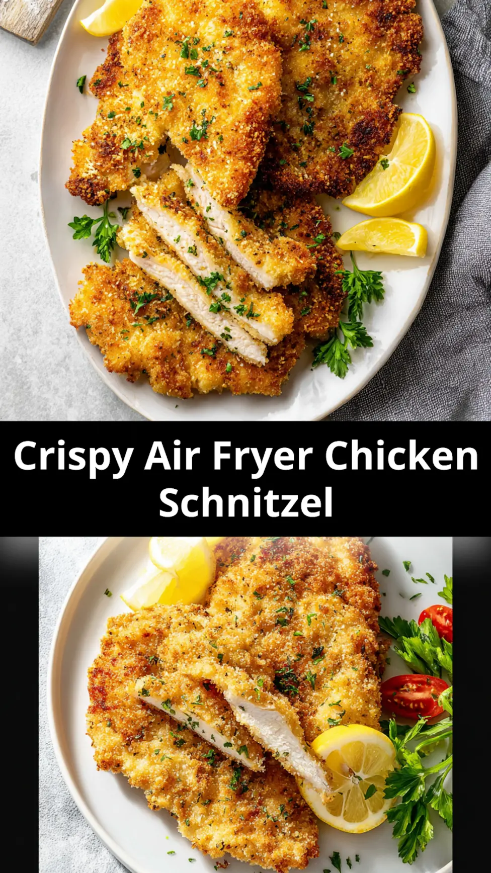 Air Fryer Chicken Schnitzel So Crispy Your Family Will Love This New Favorite 7 Air Fryer Chicken Schnitzel recipe, served and ready to eat, easy homemade dish
