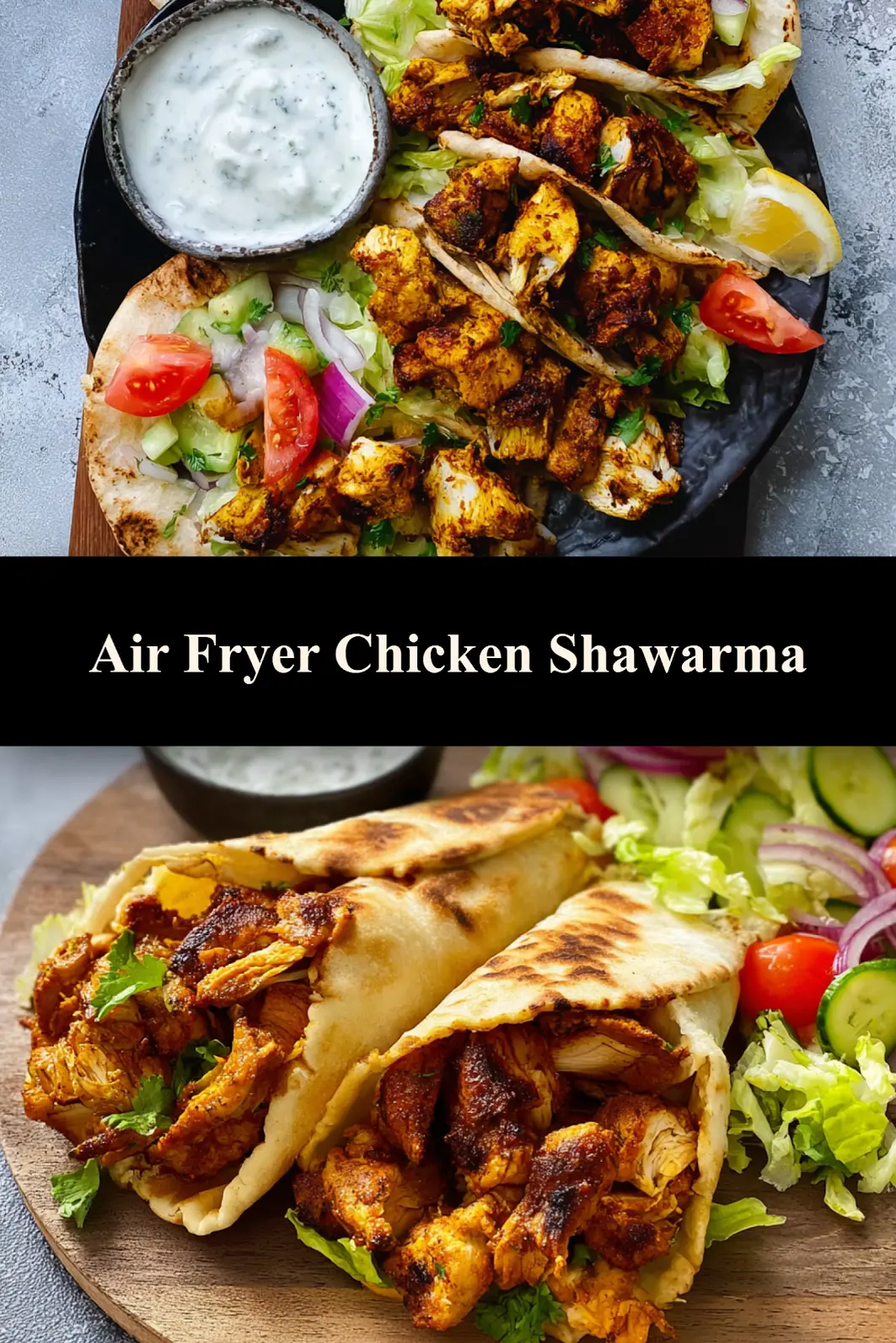 Air Fryer Chicken Shawarma Warm Satisfying Real Flavor Made Better 7 Air Fryer Chicken Shawarma served and ready to eat, easy homemade recipe pin