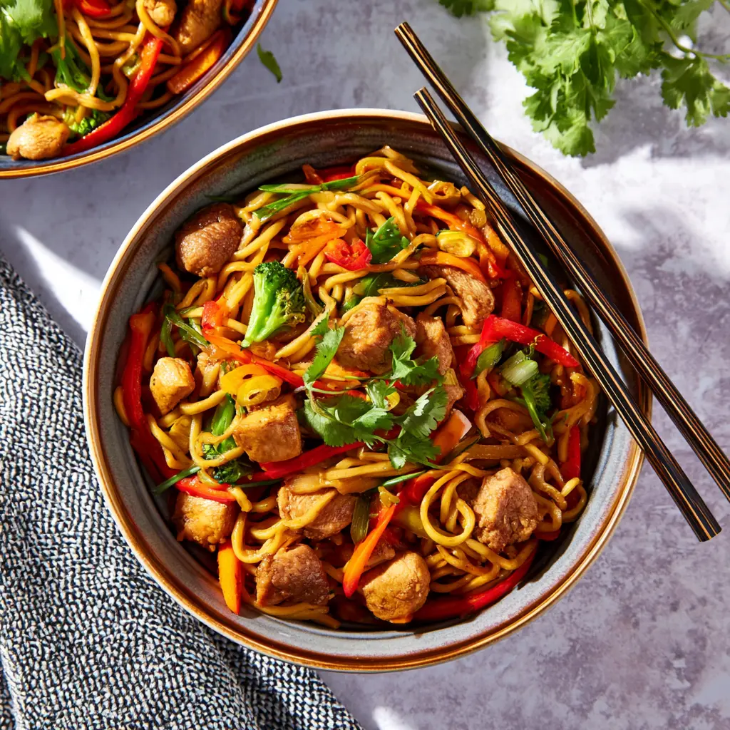 Air Fryer Chicken Stir Fry Noodles served in a bowl, easy homemade dish ready to eat