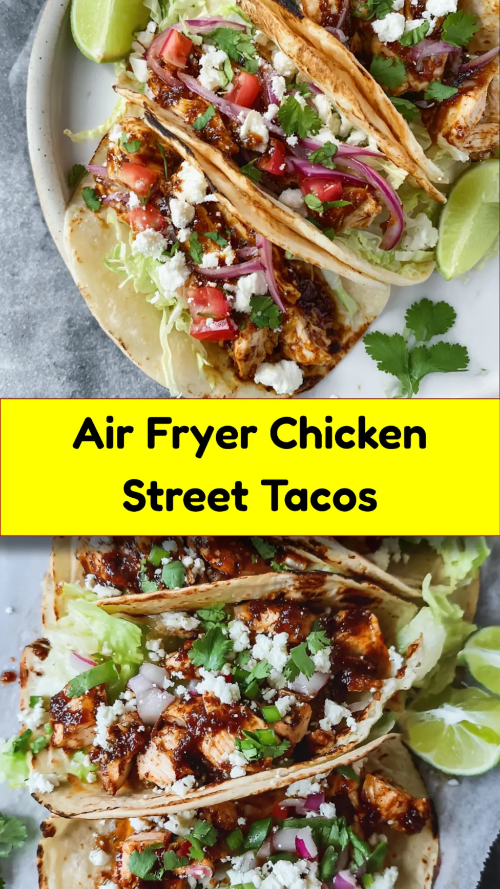 Air Fryer Chicken Street Tacos Adobo pin image showing the finished dish ready to serve