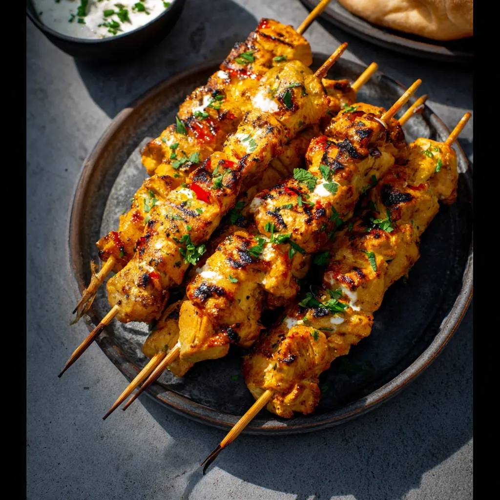Air Fryer Chicken Tikka Skewers recipe, served and ready to eat, easy homemade dish