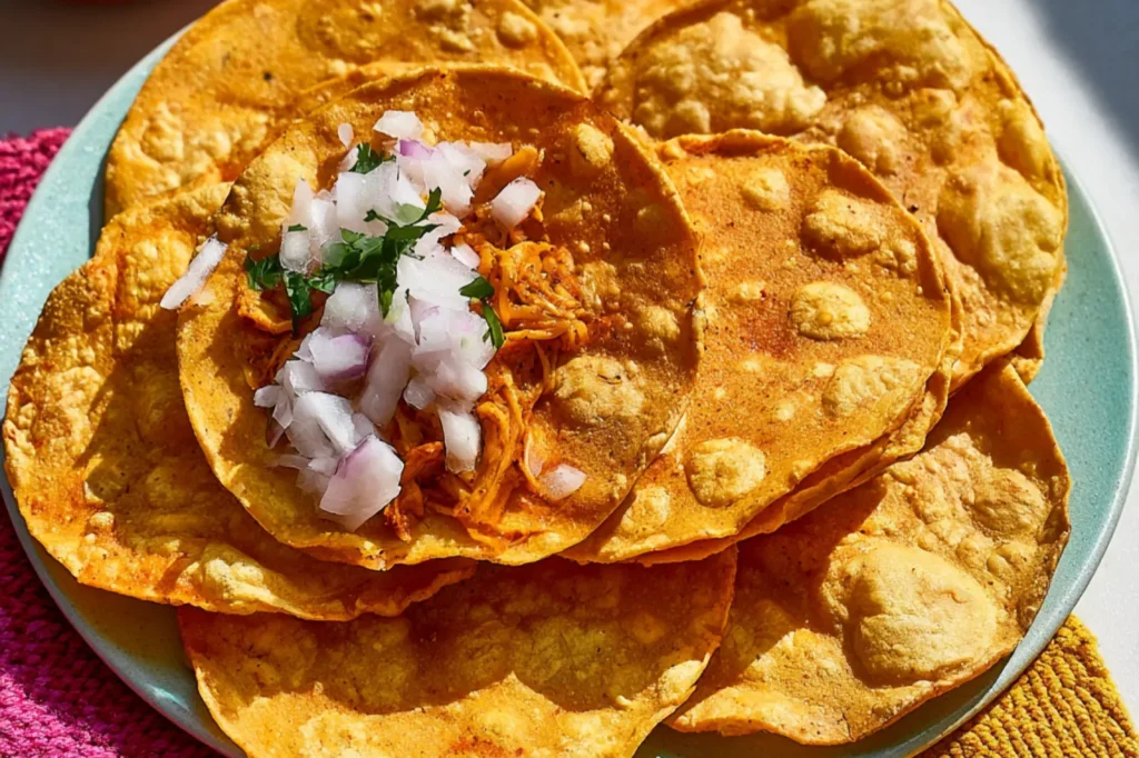 Air Fryer Chicken Tinga Tostadas recipe, served and ready to eat, easy homemade dish