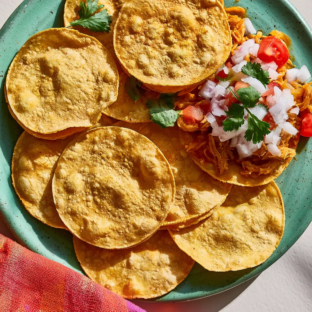 Air Fryer Chicken Tinga Tostadas served and ready to eat, easy homemade dish