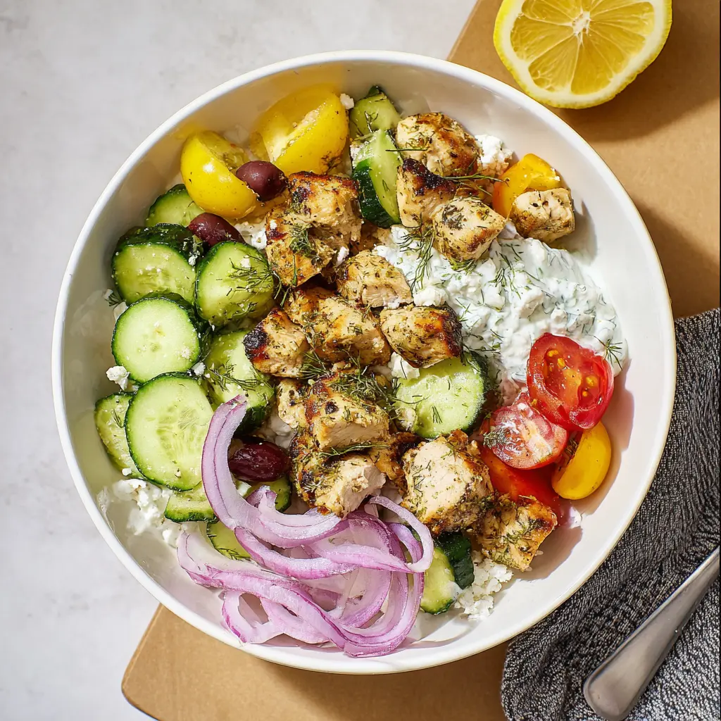 Air Fryer Chicken Tzatziki Bowl served and ready to eat, topped with tzatziki, feta, and fresh vegetables