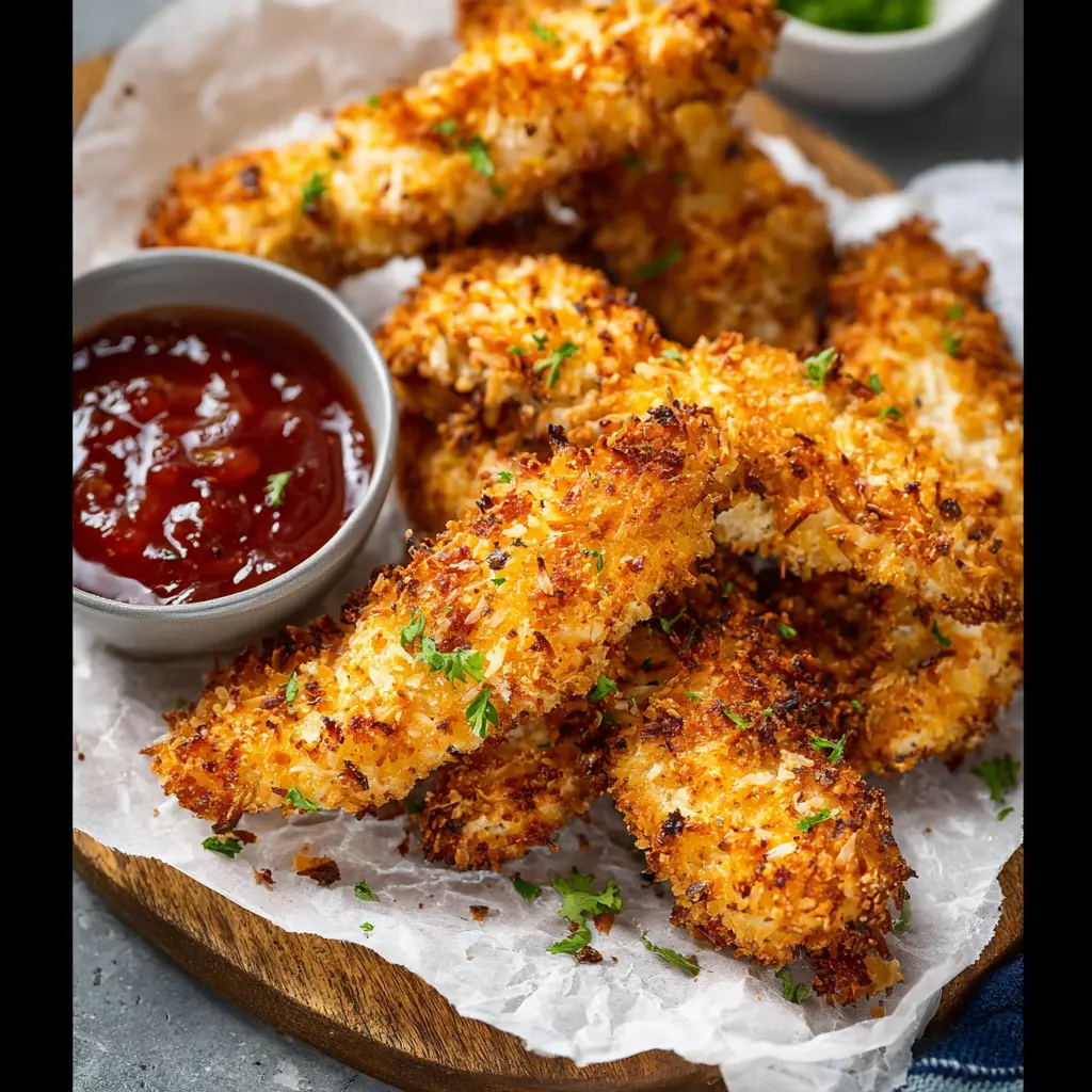 Air Fryer Coconut Chicken Strips served and ready to eat, made in the air fryer with a crispy coconut panko coating