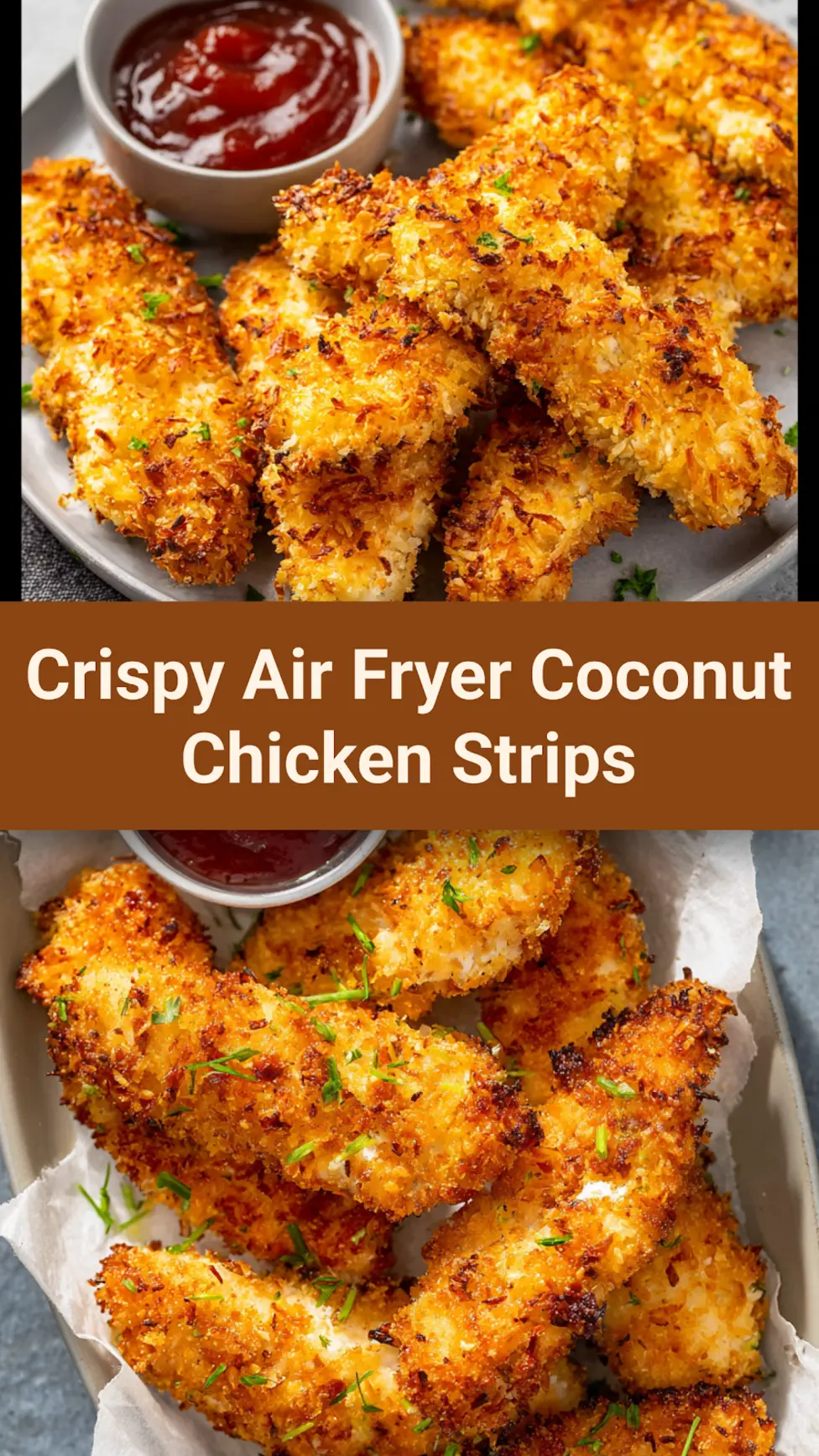 Air Fryer Coconut Chicken Strips pinnable image showing the finished dish with crispy coconut panko coating ready to serve