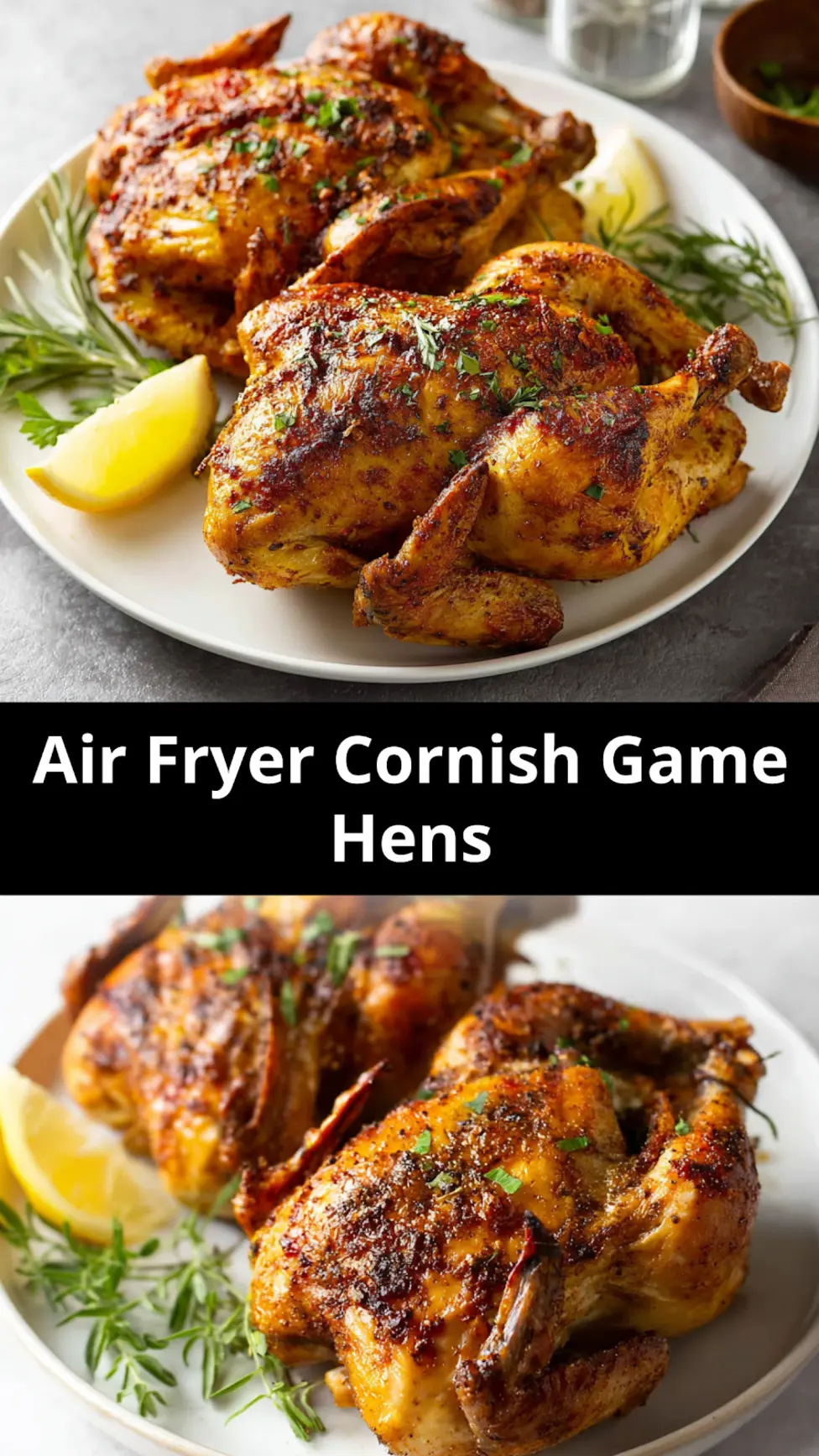 Air Fryer Cornish Game Hens recipe, served and ready to eat, easy homemade dish