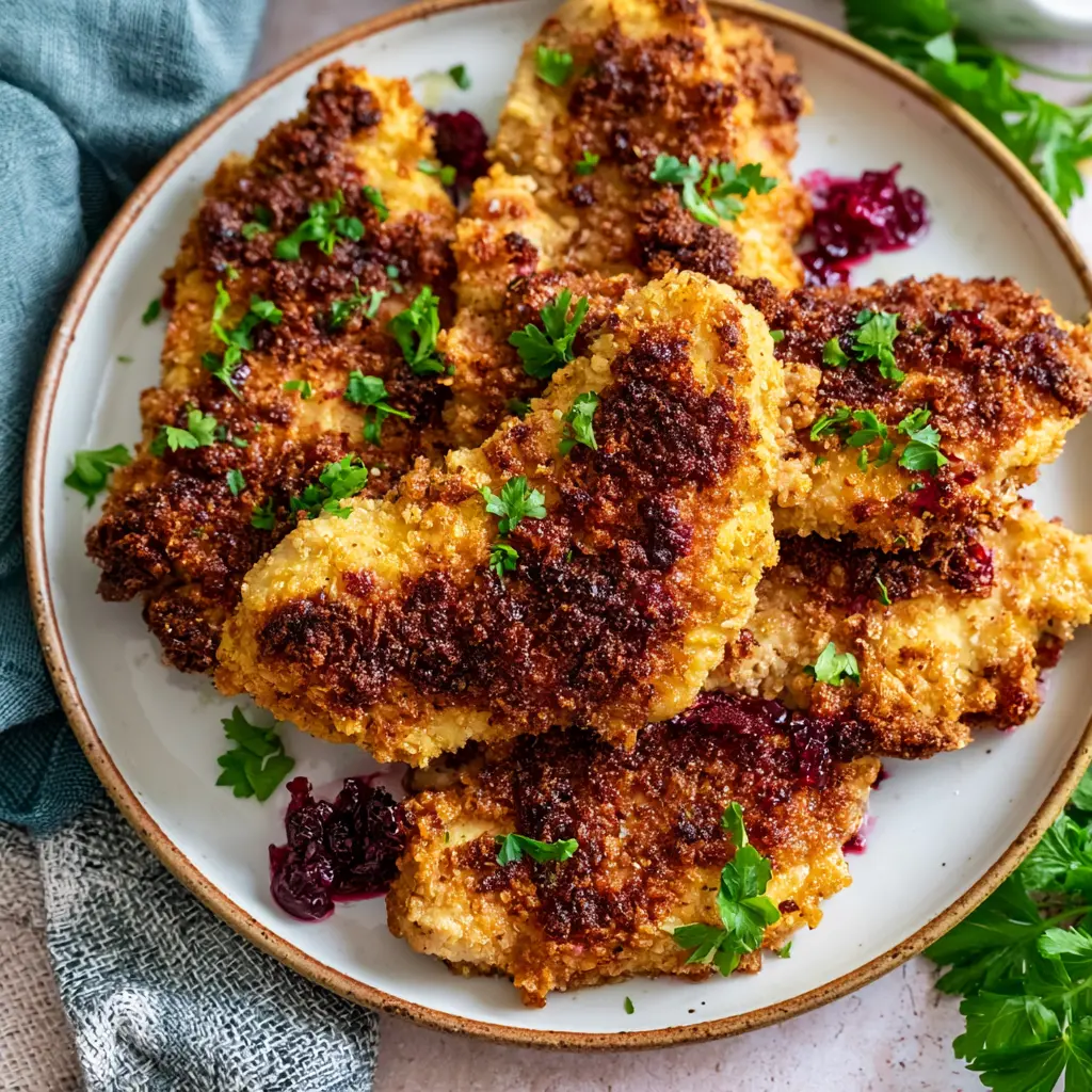 Air Fryer Cranberry Chicken Cutlets served and ready to eat, golden crispy coating with tangy cranberry flavor