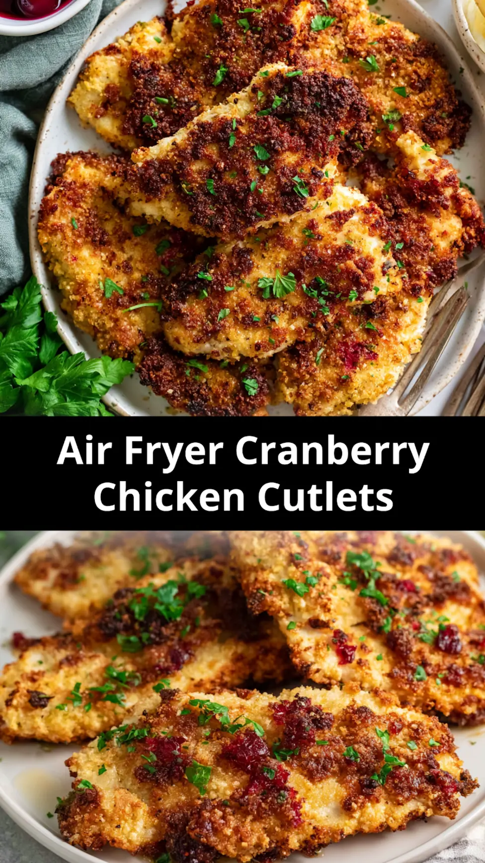 Air Fryer Cranberry Chicken Cutlets pin image, crispy golden cutlets with cranberry sauce, easy weeknight dinner recipe