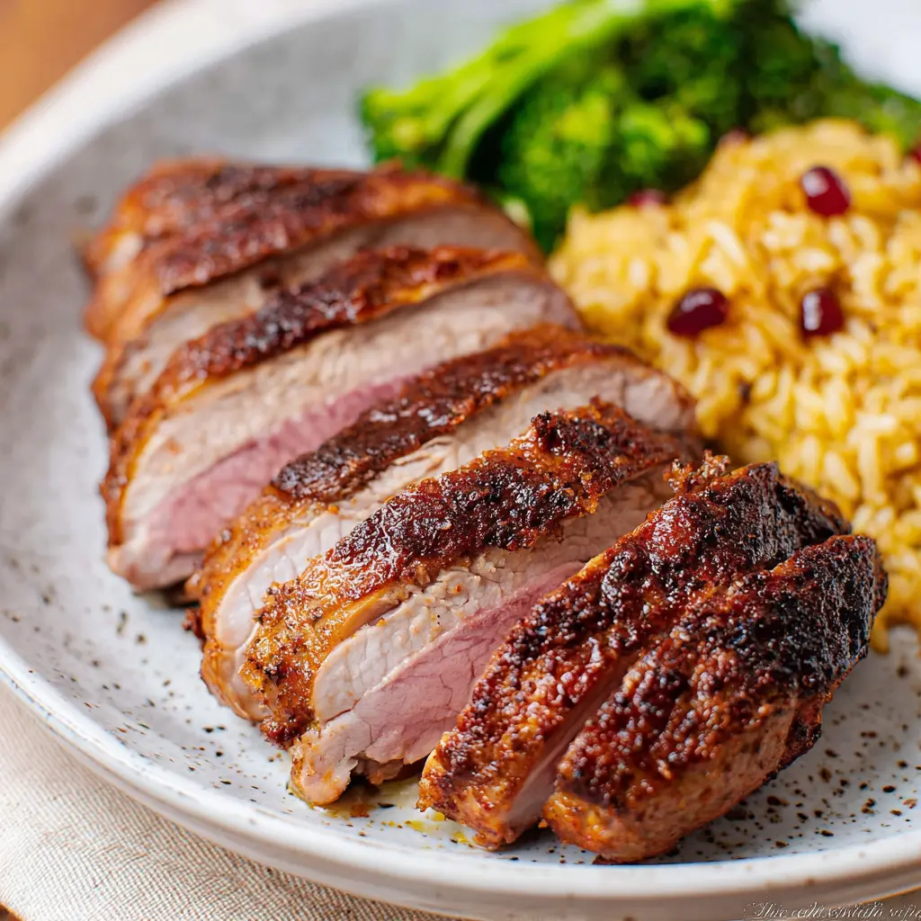 Air fryer duck breast served and ready to eat, crispy skin and golden color