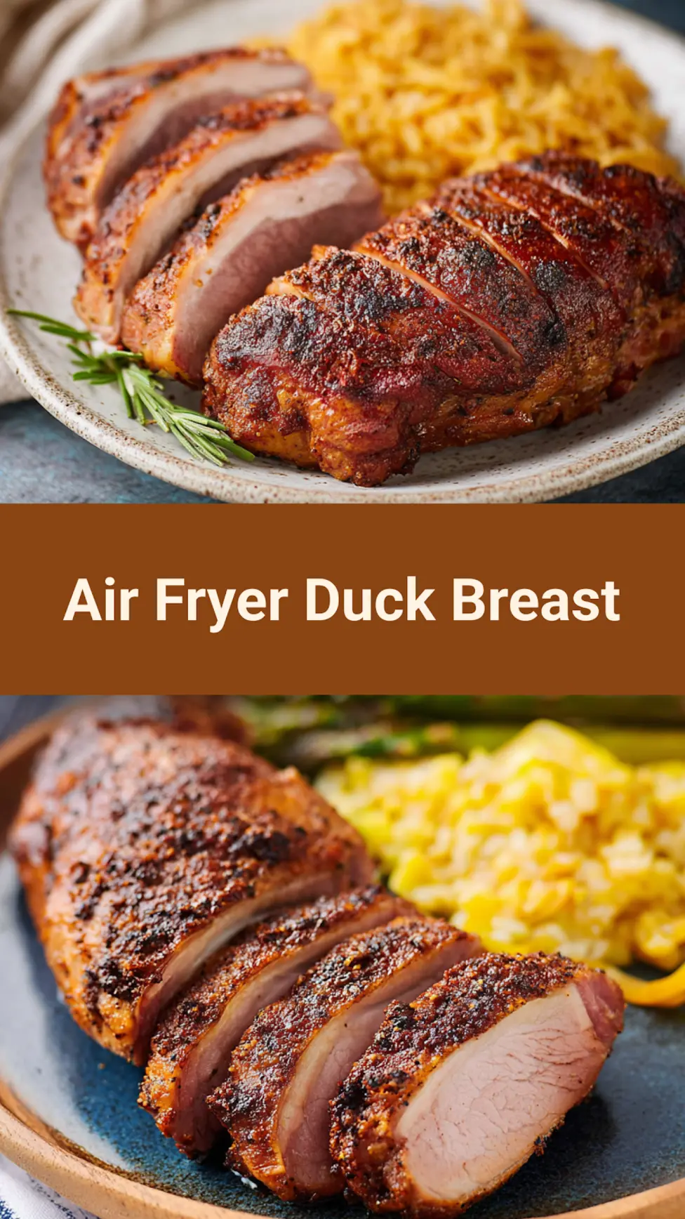 Air fryer duck breast recipe pin showing crispy golden skin, easy homemade dish