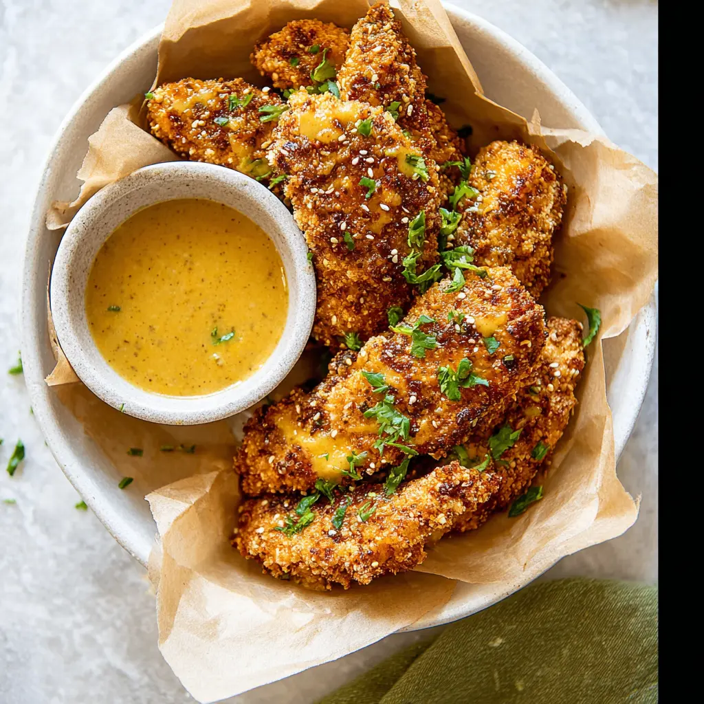 Air Fryer Honey Mustard Chicken Tenders served and ready to eat  crispy, golden, and coated in honey mustard glaze