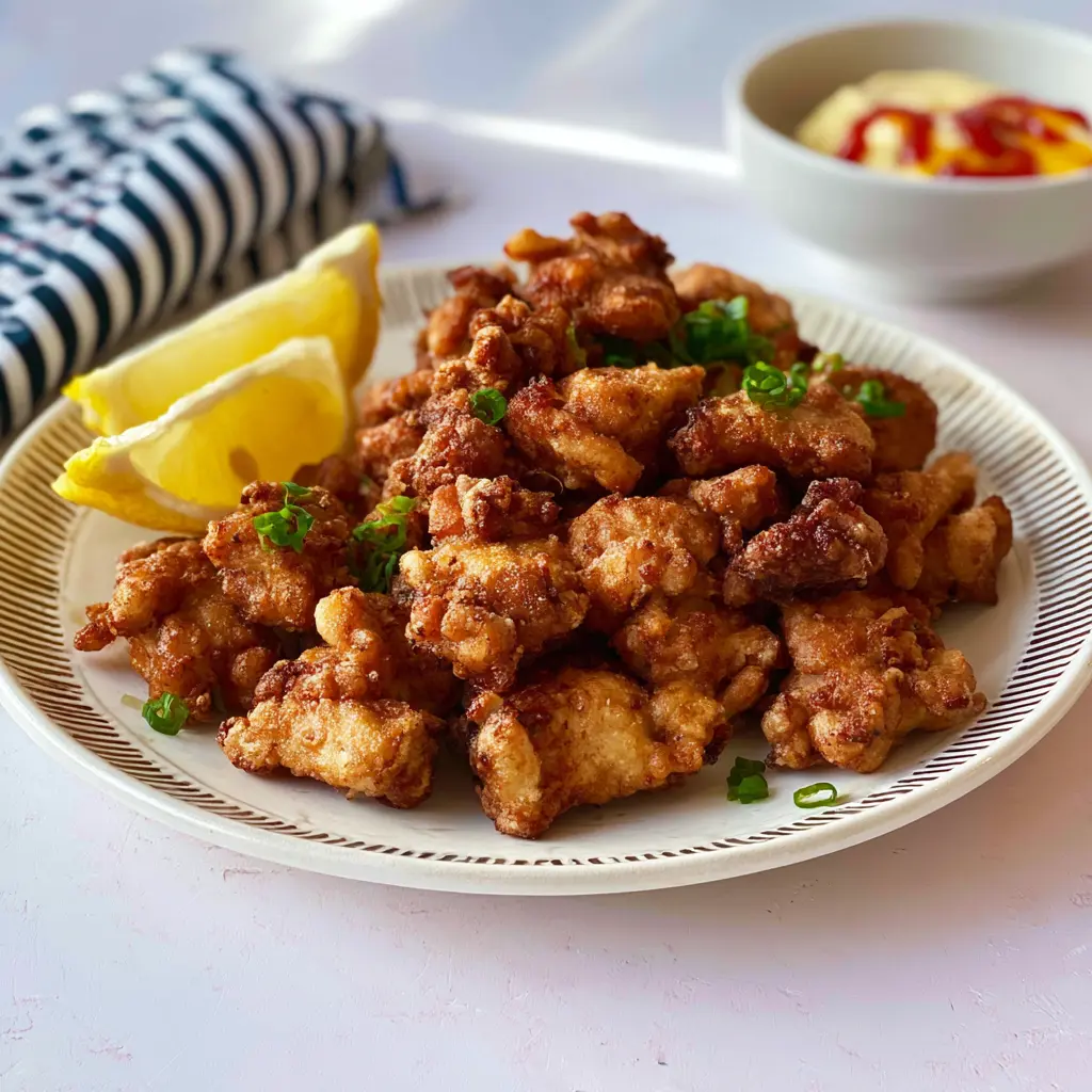 Air Fryer Karaage Chicken Satisfying Real Crispy Japanese Bites 6 Air Fryer Karaage Chicken served and ready to eat, golden and crispy homemade dish