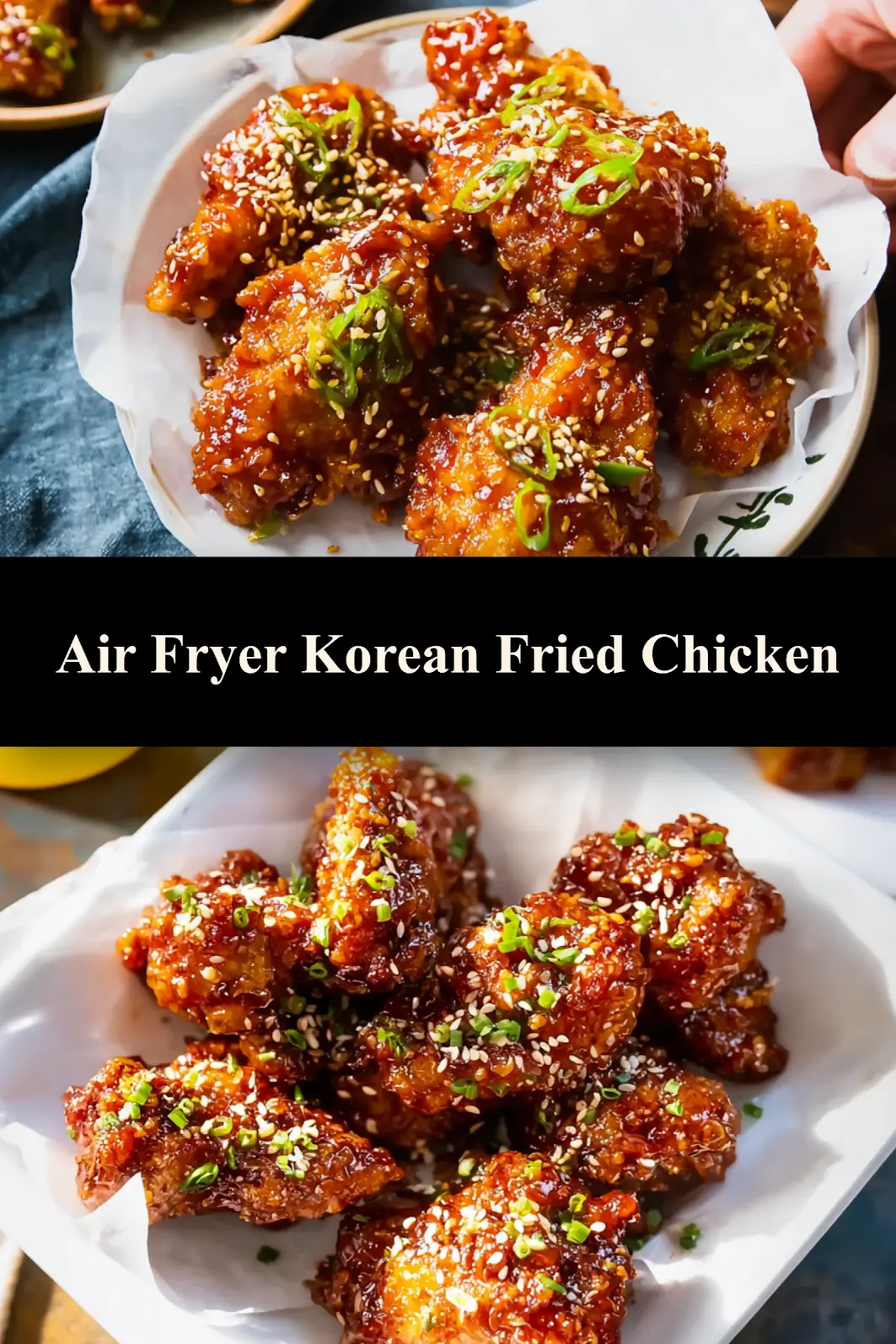 Air Fryer Korean Fried Chicken recipe, served and ready to eat, easy homemade dish_pin