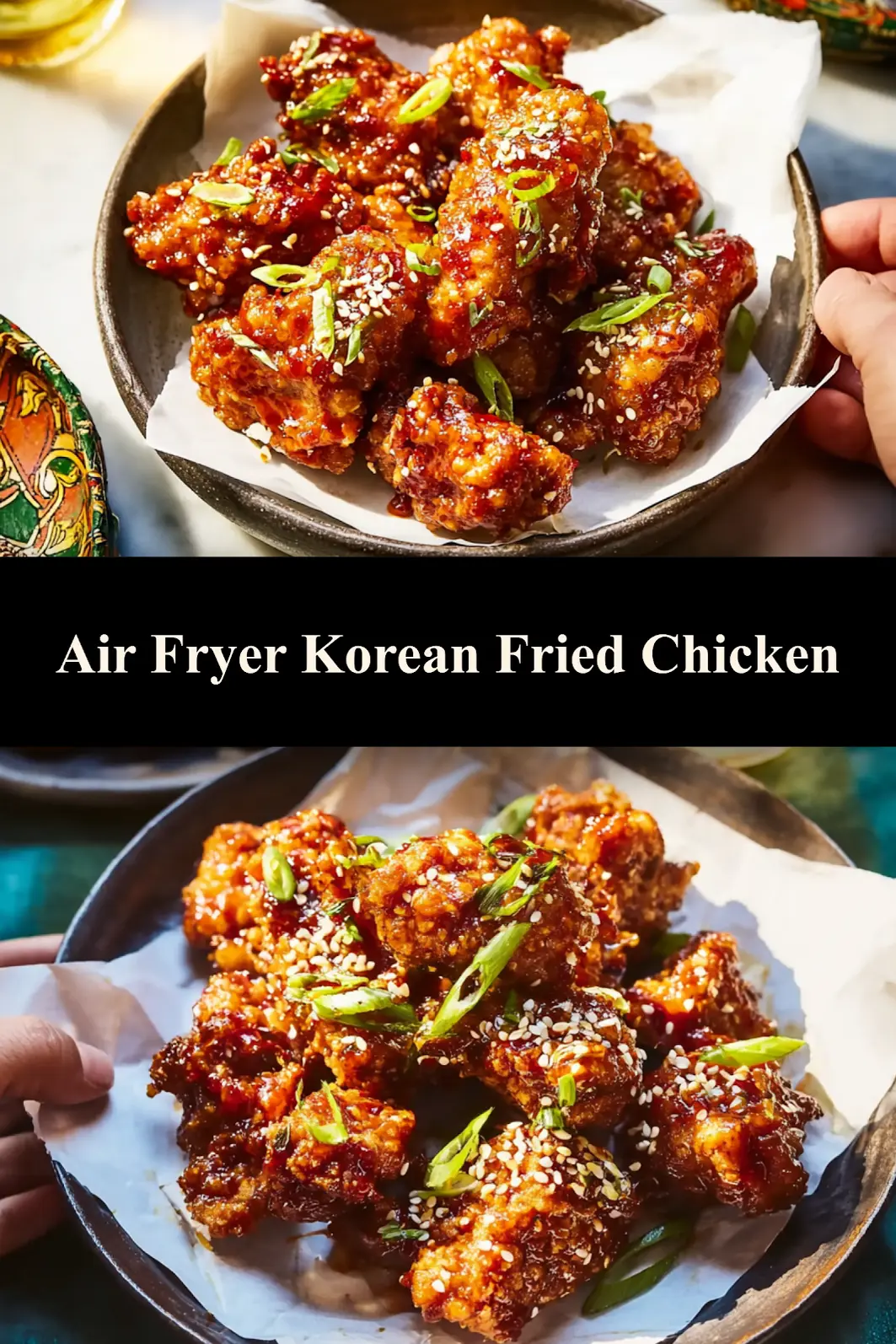 Air Fryer Korean Fried Chicken Gochujang Irresistible Crispy Recipe You Need to Make Now 7 Air Fryer Korean Fried Chicken Gochujang pinnable image showing finished dish with gochujang glaze, sesame seeds, and scallions