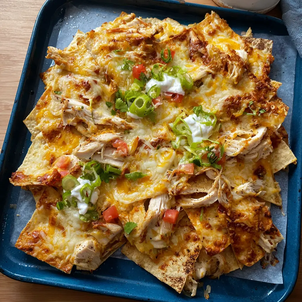Air Fryer Loaded Chicken Nachos served and ready to eat, easy homemade recipe