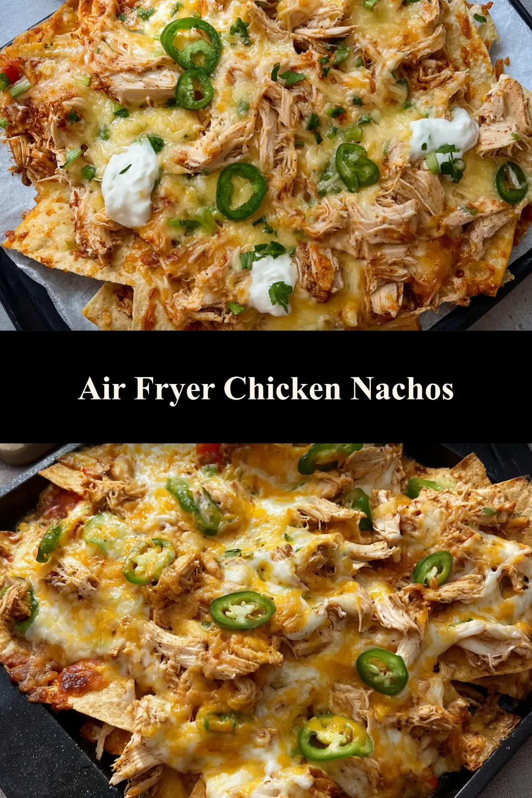 Air Fryer Loaded Chicken Nachos served and ready to eat, easy homemade recipe  pin image