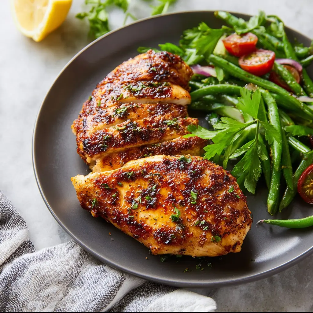 Air Fryer Maple Glazed Chicken Breast recipe, served and ready to eat, easy homemade dish
