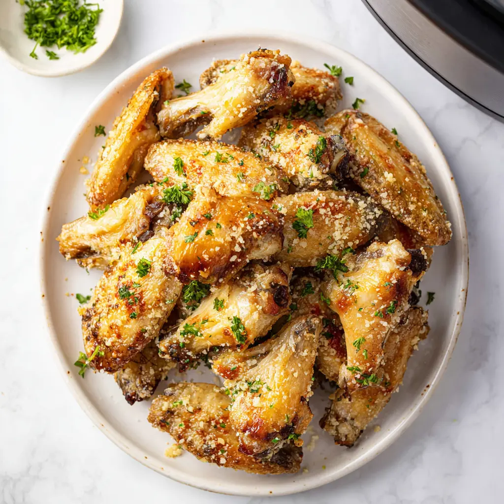Air Fryer Parmesan Garlic Chicken Wings served and ready to eat, made in the air fryer with garlic and parmesan