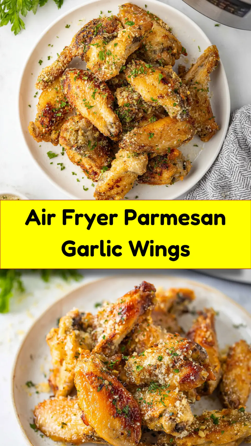 Air Fryer Parmesan Garlic Chicken Wings pinnable image showing crispy wings coated in garlic and parmesan, ready to serve