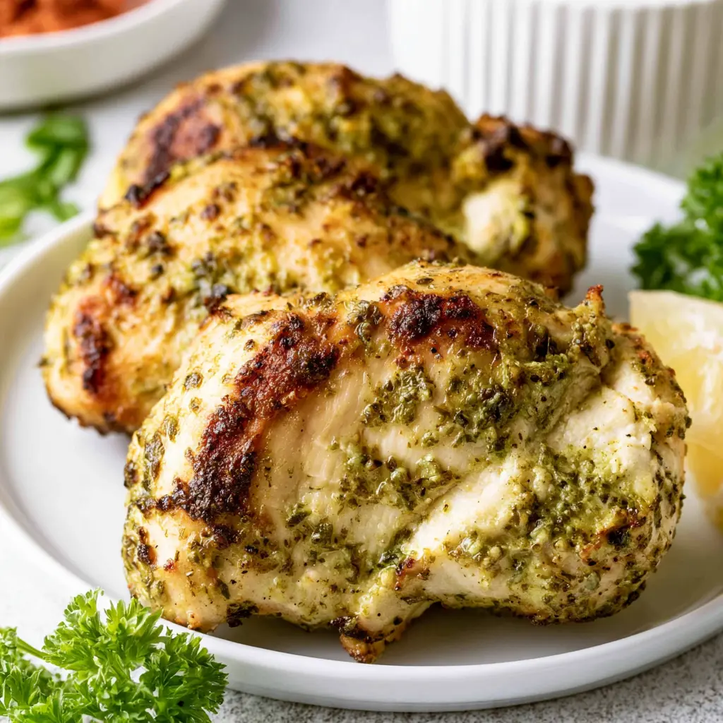 Air Fryer Pesto Chicken recipe, served and ready to eat, easy homemade dish