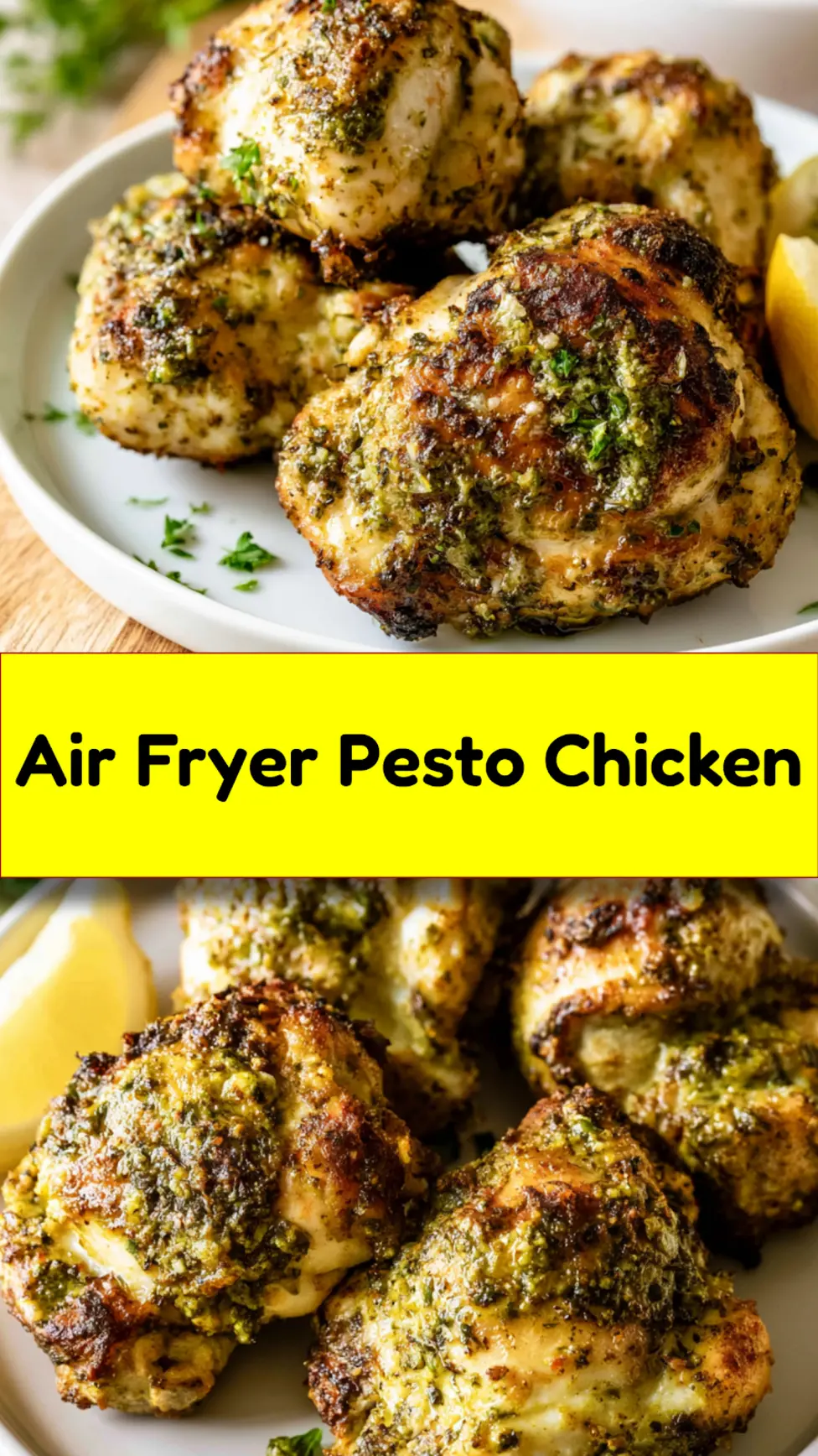 Air Fryer Pesto Chicken recipe, served and ready to eat, easy homemade dish