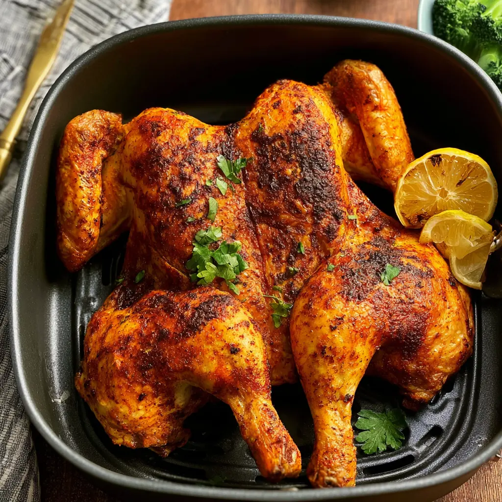 Air Fryer Spatchcock Chicken Thanksgiving Cozy Real Way to Make Your Best Holiday Bird 6 Air Fryer Spatchcock Chicken recipe, served and ready to eat, easy homemade dish