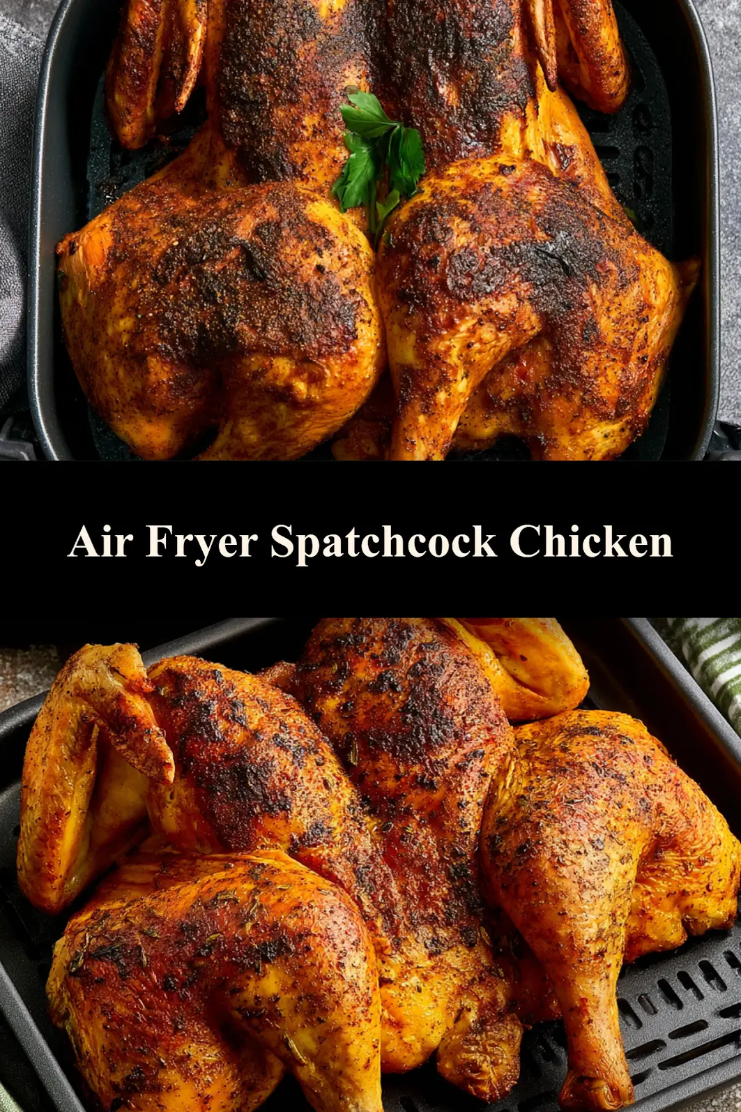 Air Fryer Spatchcock Chicken Thanksgiving Cozy Real Way to Make Your Best Holiday Bird 7 Air Fryer Spatchcock Chicken recipe, served and ready to eat, easy homemade dish