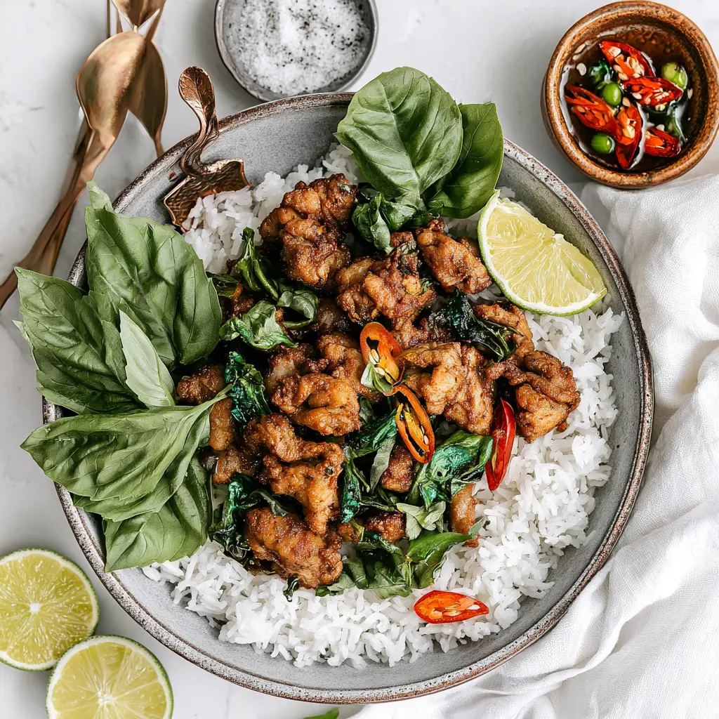 Air Fryer Thai Basil Chicken recipe, served and ready to eat, easy homemade dish