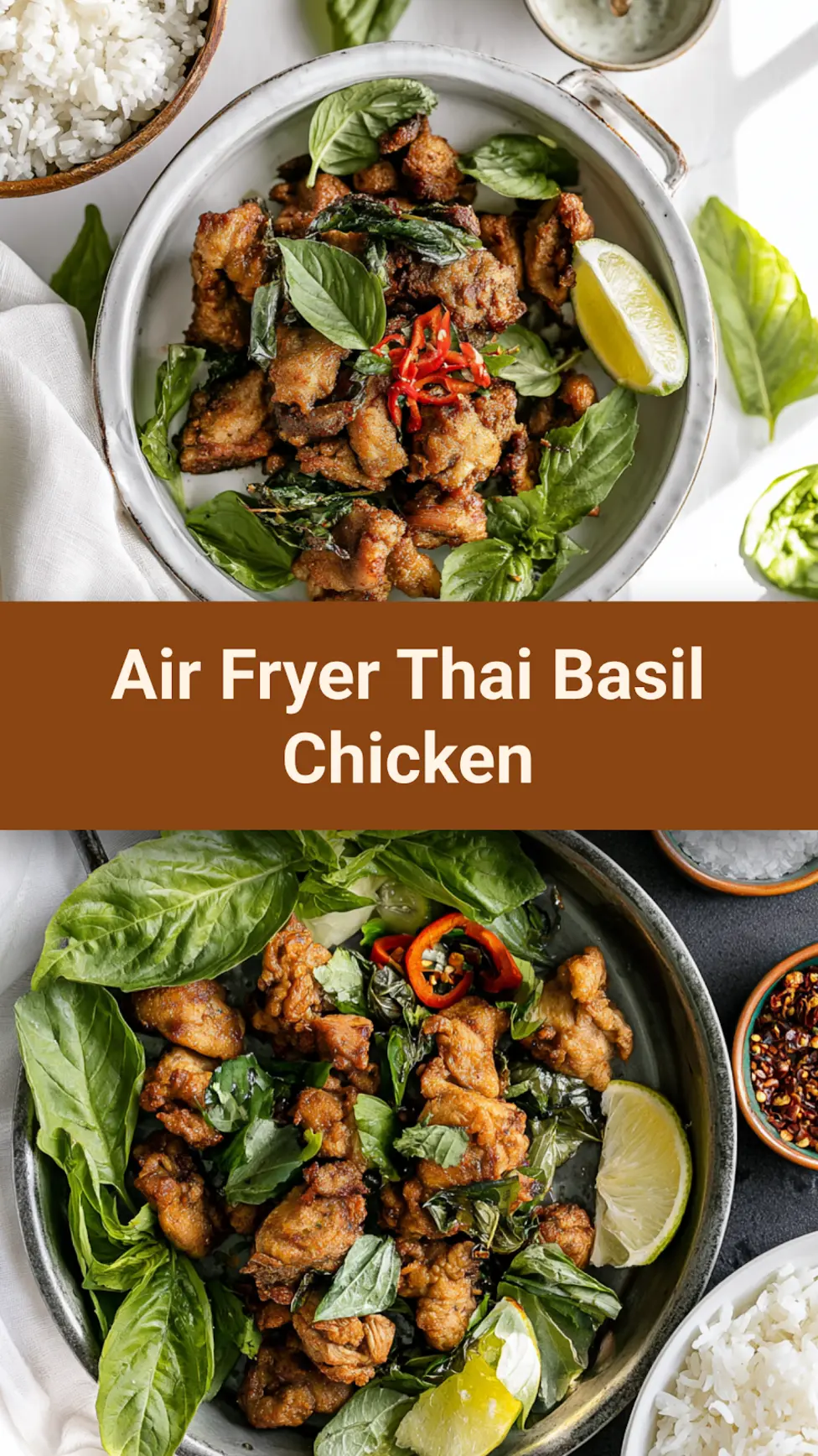 Air Fryer Thai Basil Chicken recipe, served and ready to eat, easy homemade dish