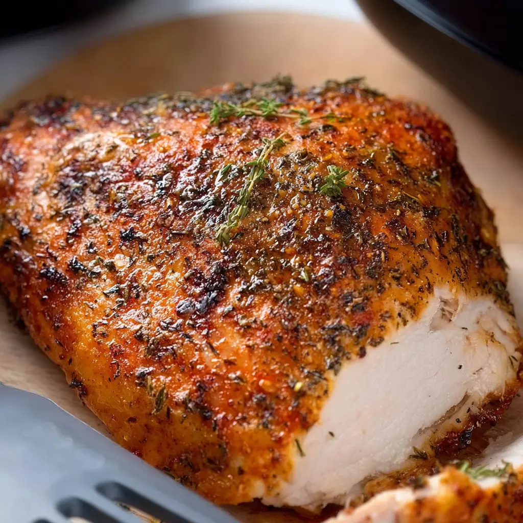 Air fryer turkey breast Thanksgiving recipe, sliced and served on a plate, golden crispy skin