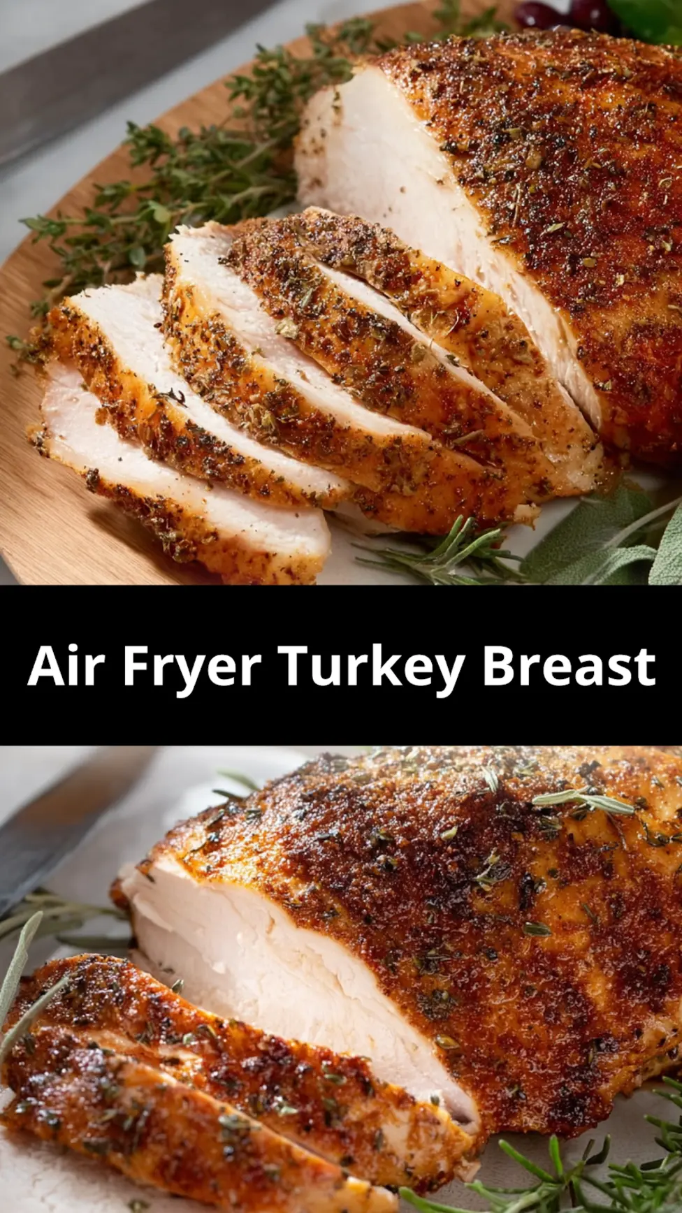 Air fryer turkey breast Thanksgiving recipe pin  golden crispy skin, juicy slices, easy holiday dinner