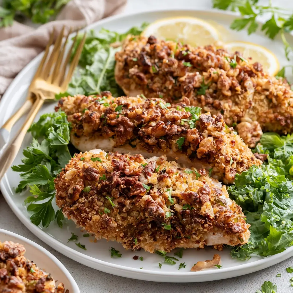 Air Fryer Walnut Crusted Chicken recipe, served and ready to eat, easy homemade dish