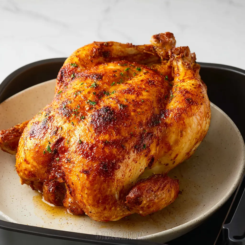 Air Fryer Whole Chicken Holiday Cozy Real Way to Make Your Best Feast 6 Air fryer whole chicken served and ready to eat, golden crispy skin, easy homemade dinner