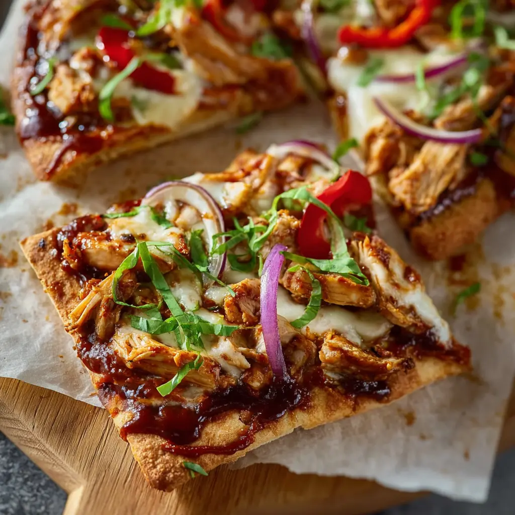 BBQ Chicken Flatbread Satisfying New Way to Make Your Best Weeknight Meal 6 BBQ Chicken Flatbread recipe, served and ready to eat, easy homemade dish