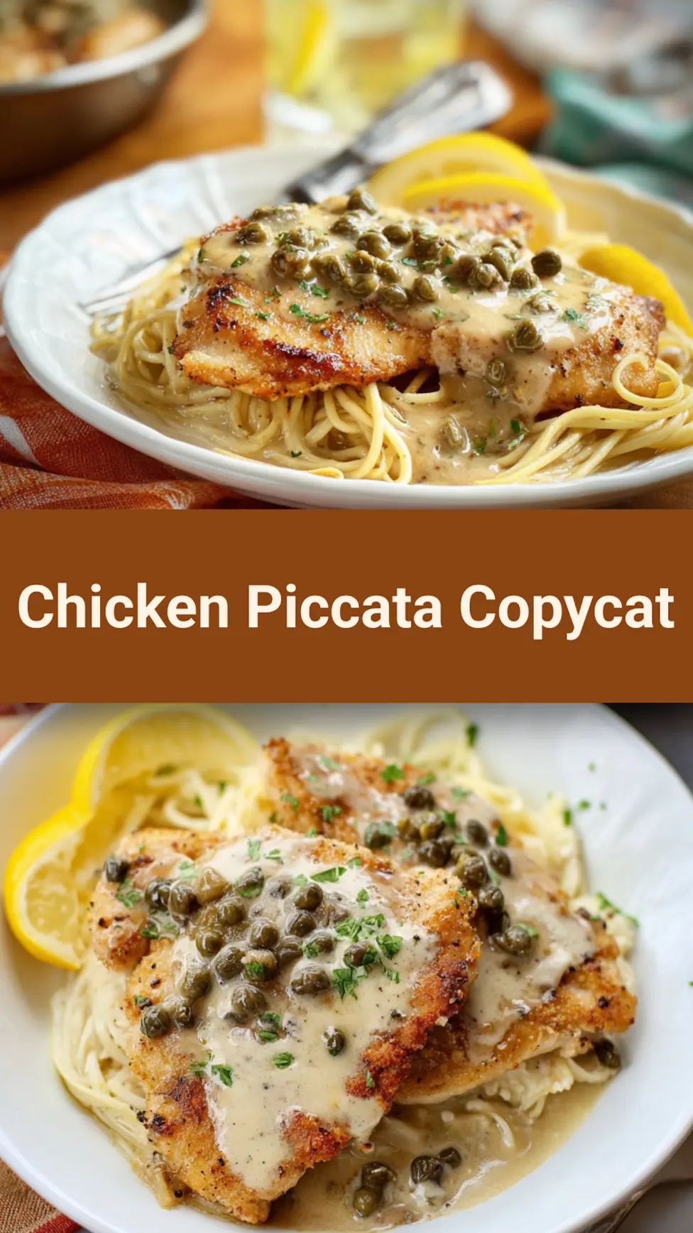Cheesecake Factory Chicken Piccata Copycat recipe, served and ready to eat, easy homemade dish_pin