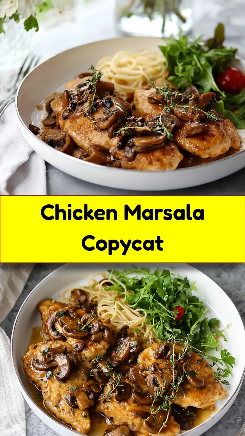 Chicken Marsala Copycat recipe pin  one skillet dinner with rich Marsala wine sauce