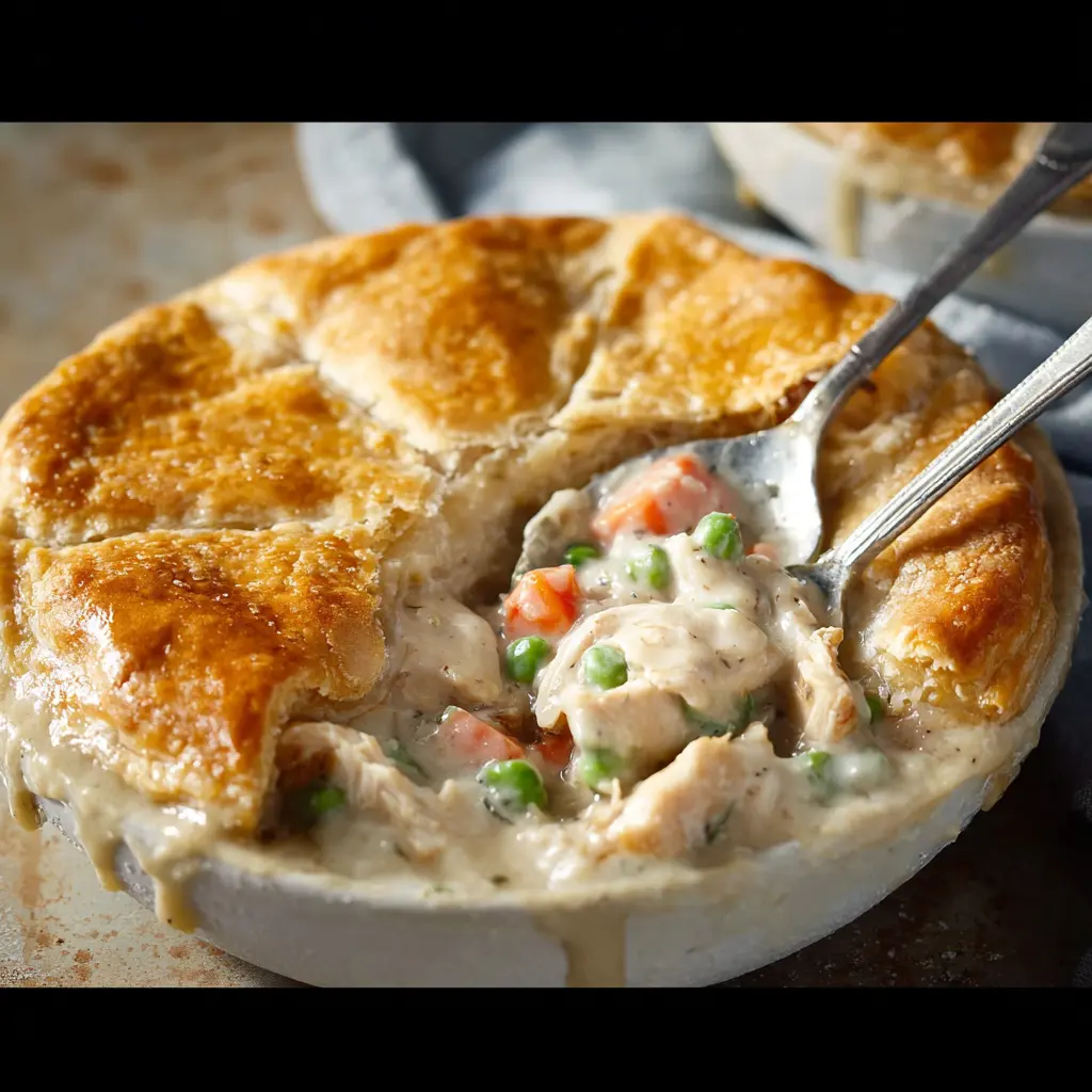 Cracker Barrel Chicken Pot Pie Copycat recipe, served and ready to eat, easy homemade dish