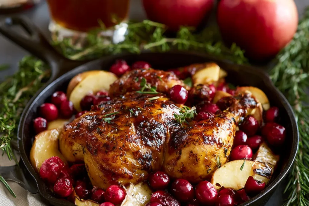 Cranberry Apple Cider Chicken recipe, served and ready to eat, easy homemade dish