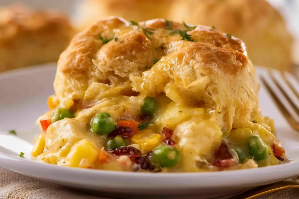 Cranberry Chicken Pot Pie Biscuit recipe, served and ready to eat, easy homemade dish