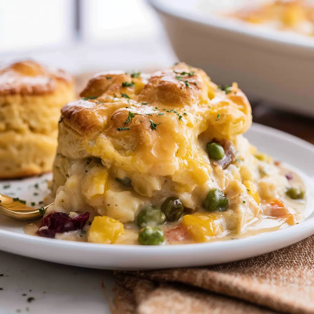 Cranberry Chicken Pot Pie Biscuit recipe, served and ready to eat, easy homemade dish