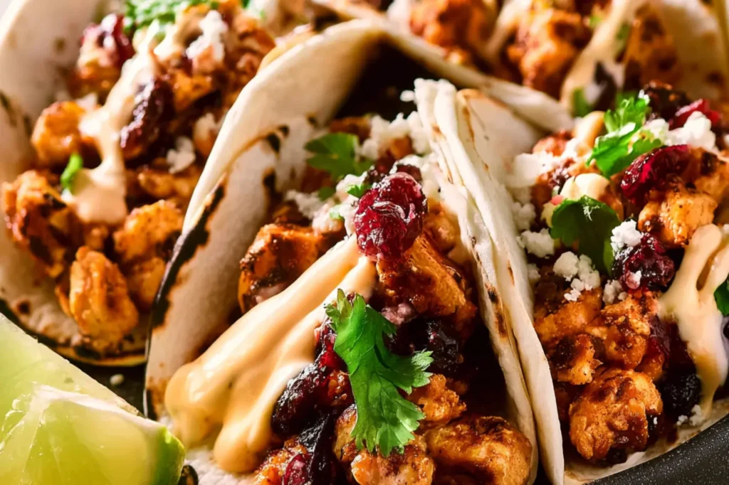 Cranberry Chipotle Chicken Tacos recipe, served and ready to eat, easy homemade dish