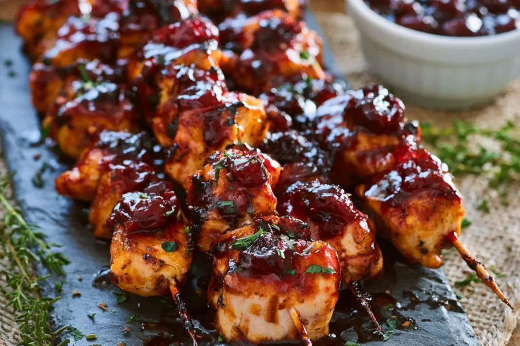 CRANBERRY GLAZED CHICKEN KABOBS recipe, served and ready to eat, easy homemade dish