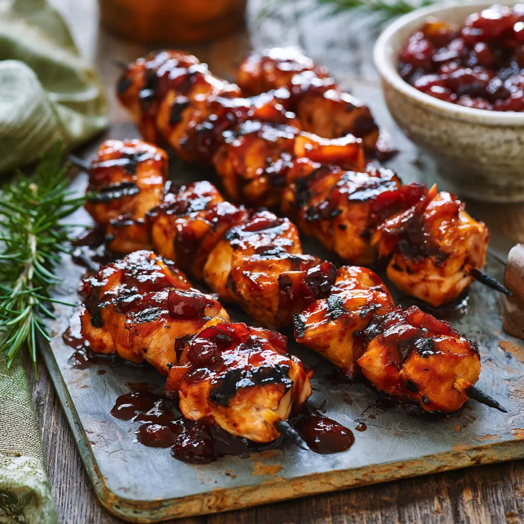 Cranberry glazed chicken kabobs served on a platter, ready to eat