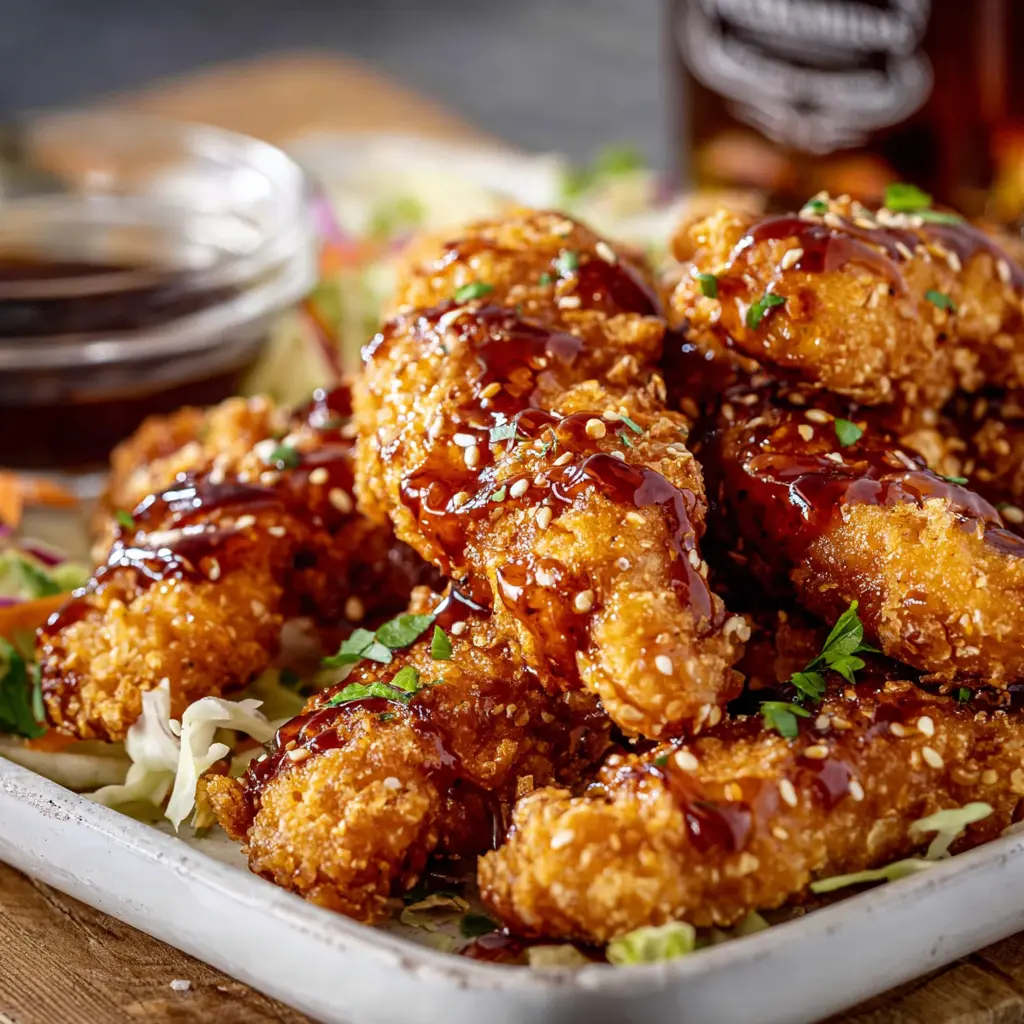 Jack Daniels Chicken Strips recipe, served and ready to eat, easy homemade dish