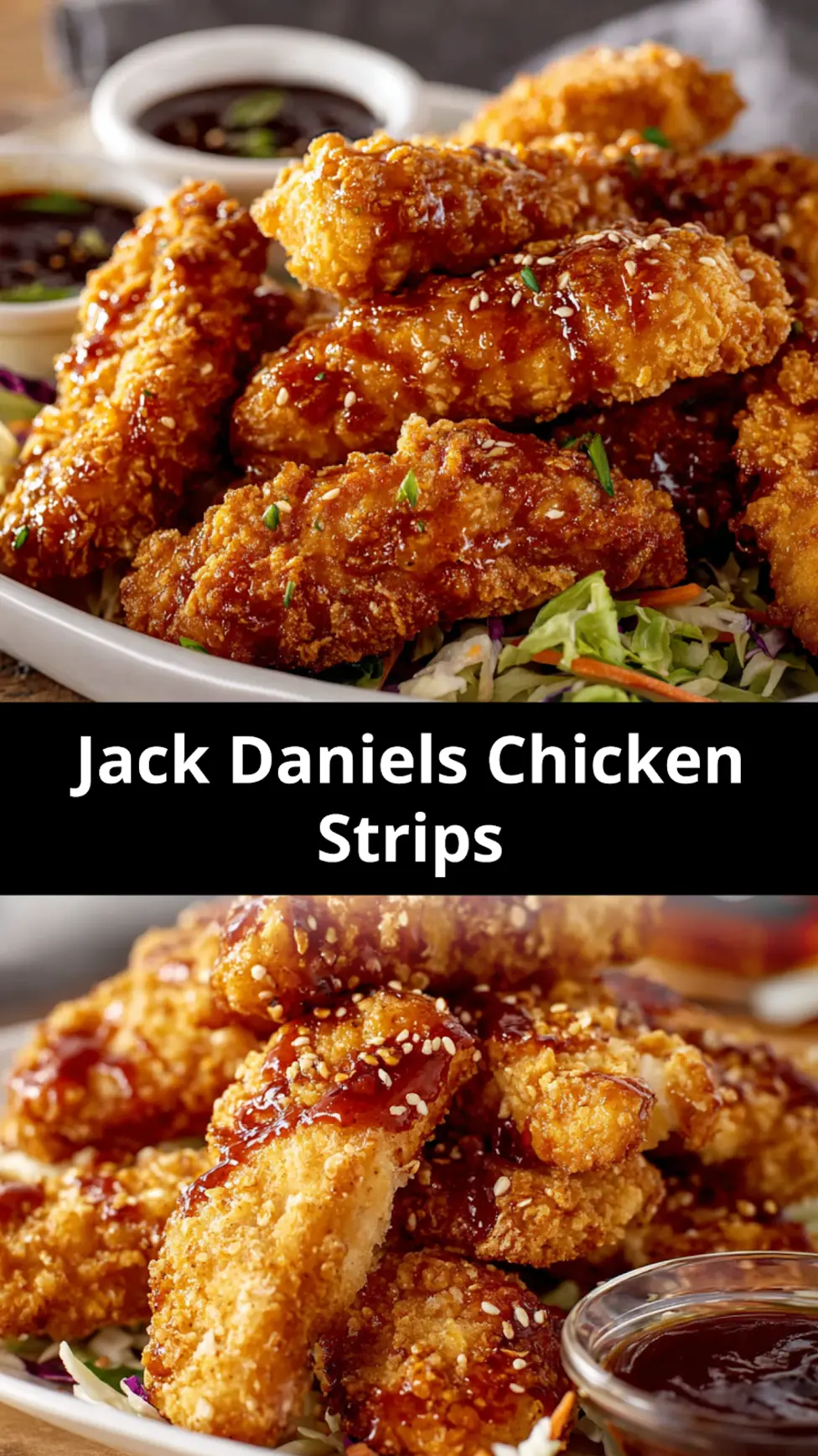 Jack Daniels Chicken Strips recipe, served and ready to eat, easy homemade dish