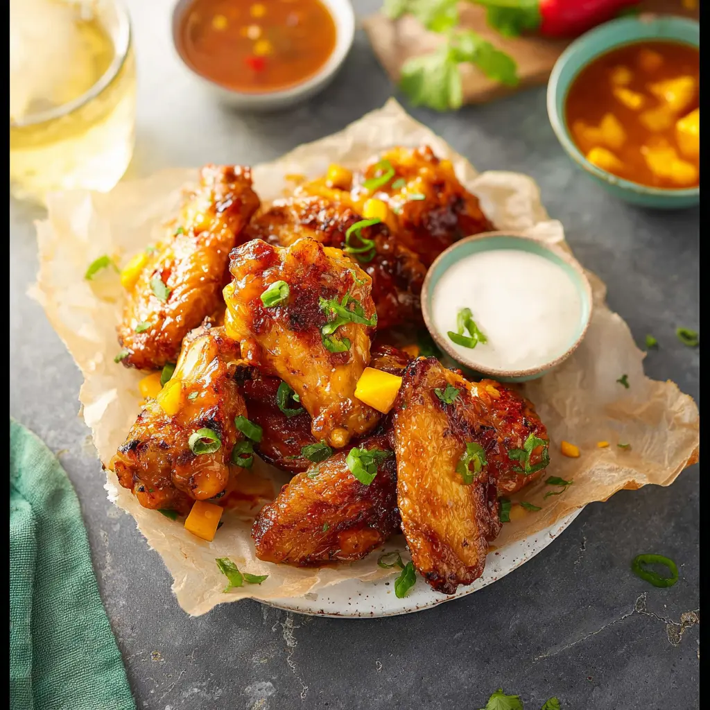 Mango Habanero Chicken Wings served on a plate, crispy and glazed with sticky mango habanero sauce
